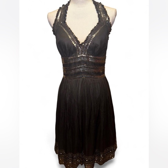 Papéll Boutique Evening Black Silk Beaded Sequin Halter Dress Size 8 - Picture 1 of 8